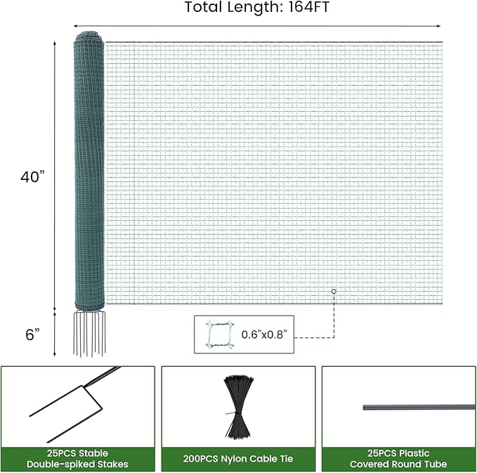 DoCred Non Electric Fence Netting, 40in x 164ft Portable Movable Livestock Nets Mesh for Chickens,Goats, Sheep, Dog, Reusable Nylon Animal Barrier Fencing Netting for Backyards, Farms Ranches