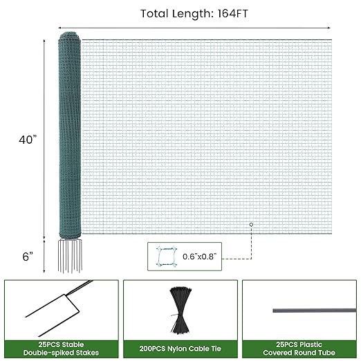 Non Electric Fence Netting, 40" x164' Portable Movable Livestock Nets Mesh for Chickens, Goats, Sheep, Dog, All-Purpose Fencing for Backyards, Homesteaders, Farms Ranches, and Gardens