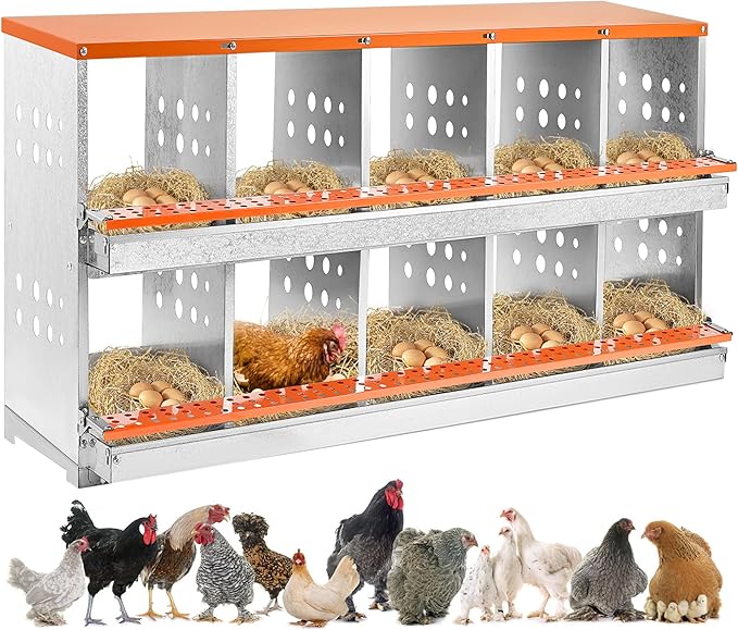 Nesting Boxes for Chickens, 10 Compartment Chicken Nesting Box with Automatic Egg Collection, Chicken Coop Accessories Galvanized Steel, Roll Away Nesting Box for Chickens, Hens, Ducks