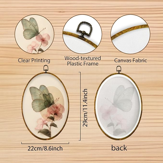 Hiuwevt Green Butterfly Oval Wall Art Decor, Vintage Pink Floral Butterfly Moth Framed Canvas Prints, Retro Cottagrcore Floral Round Wall Hanging Decor for Bedroom Home Decorations, 8.6x11.4 Inches