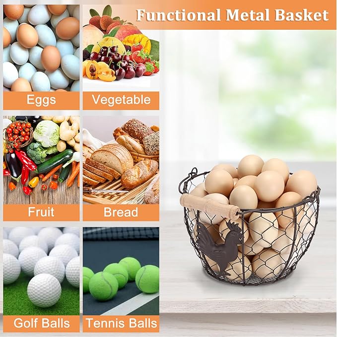 2 PCS OGANAZI Farmhouse Egg 8'' Basket for Gathering Fresh Eggs, Rustic Metal Wire Chicken Eggs Holder Basket for Countertop Kitchen, Wire Egg Basket Vintage Style, Round, Rooster Pattern