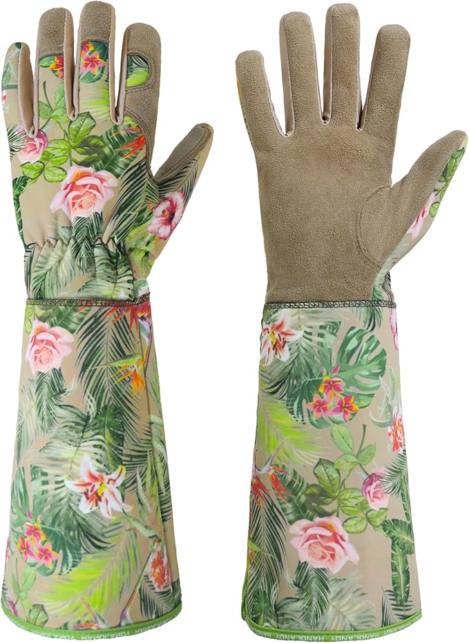 HANDLANDY Leather Gardening Gloves for Women, Scratch Resistant Breathable Ladies Rose Pruning Garden Gauntlet Yard Gloves, Gift for Gardeners (Khaki, S)