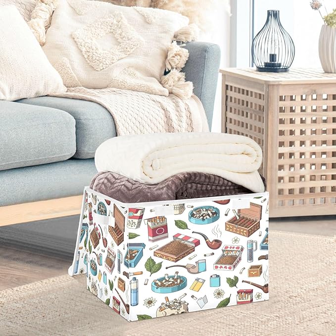 Pipes Skulls Leaves Ashtrays Storage Bins with Lids Foldable Storage Basket with Handles Collapsible Large Fabric Organizer Containers for Clothes Shelves Closet Office Home