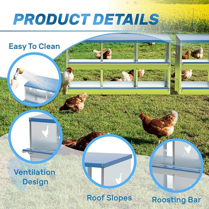 Chicken Nesting Box 6 Compartments Metal Laying Boxes for Chicken Hens Poultry Ducks Protect Eggs Chicken Coop Easy Egg Collection Wall Mount Nest Box for Chicken Coop