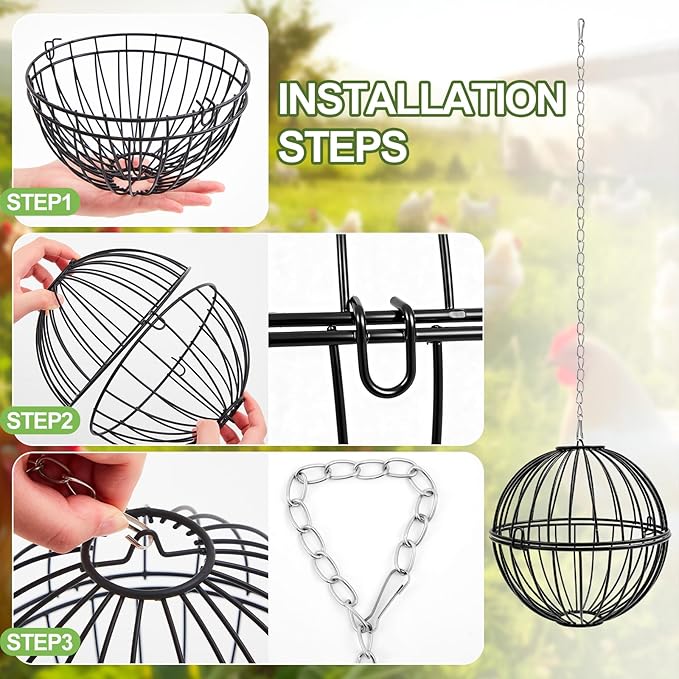 4 Pack Hanging Chicken Feeders for 10+ Chicken, 7.5 Inch Iron Rodent-Proof Duck Treat Dispenser Balls with 17.7 Inch Adjustable Hanging Chain for Feed and Toys, Weatherproof & Easy Install