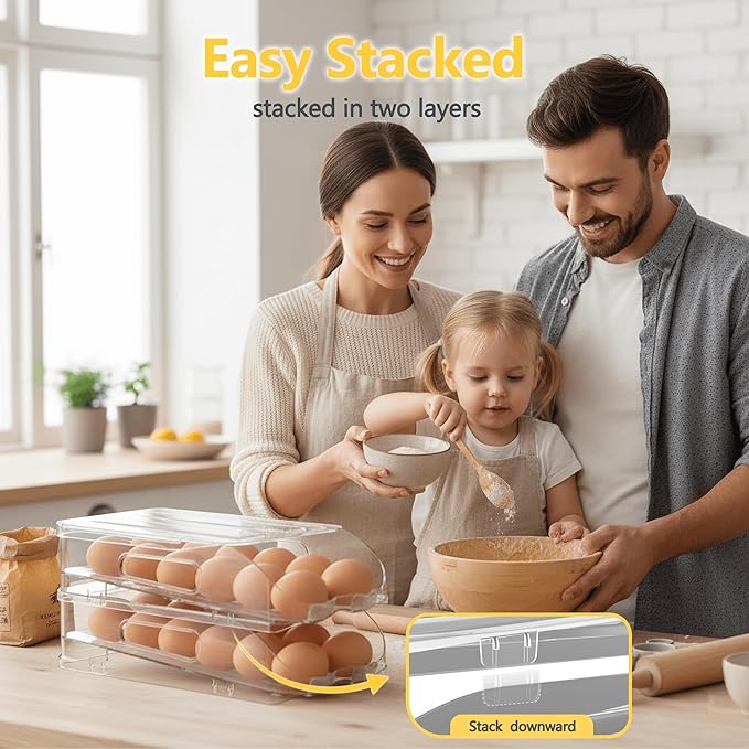 Egg Holder for Fridge, Automatic Steady Rolling Egg Container with Soft Bumpers & Handle for Refrigerator, Stackable Fridge Organizers and Storage with Lid
