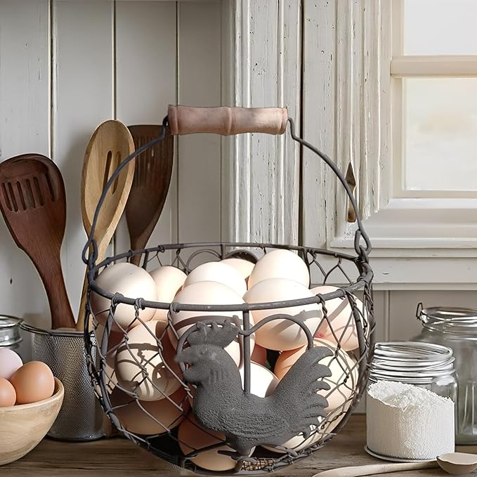 LINCOUNTRY. Wire Chicken Egg Basket for Gathering Fresh Eggs,Round Metal Egg Collecting Basket with Handle for Farmhouse Countertop Storage, Rustic Rooster Kitchen Décor Gift