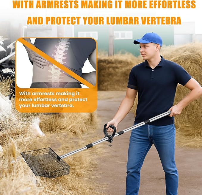 15inch Heavy-Duty Chicken Poop Scooper with Ergonomic Grip, Chicken Coop Scoop with Adjustable Stainless Steel Handle (24-70"), 4-in-1 Litter Sifting Shovel for Chicken Coop Accessories