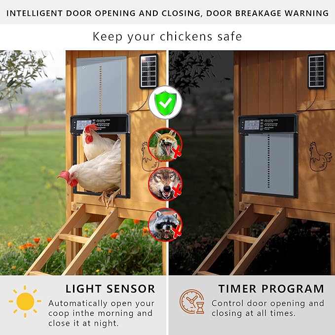 Automatic Chicken Coop Door Solar Powered, LCD Screen Electric Chicken Coop Door with Timer & Light Sensor, 4 Modes Solar Chicken Coop Door, Anti-Pinch & Door Pry Warning Coop Door with Remote Control