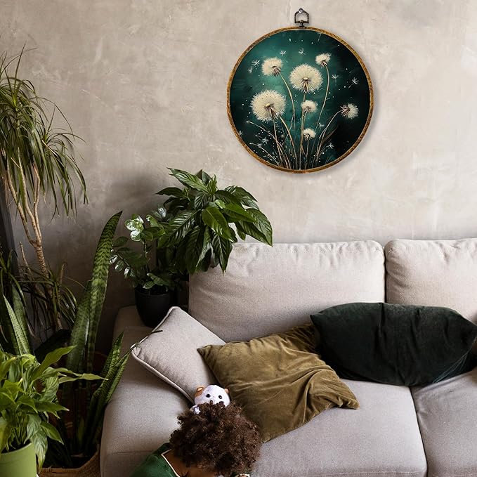 Hiuwevt Deep Green Dandelion Round Wall Art Decor, Moody Dark Floral Botanical Framed Canvas Prints, Rustic Cottagecore Plant Round Wall Hanging Decor for Bedroom Home Decorations, 10x10 Inches