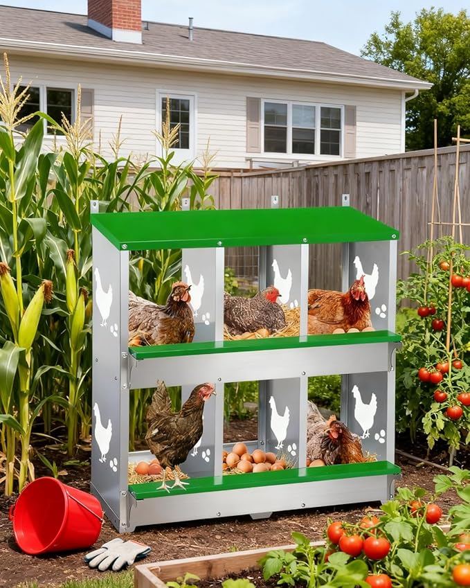 3 Compartment Chicken Nesting Box, Wall Mount/Free Standing Poultry Nest for Chickens, Hens, Ducks, Metal Chicken Laying Boxes with Perch, Secure Lid, Vented Holes for Easy Egg Collection, Green