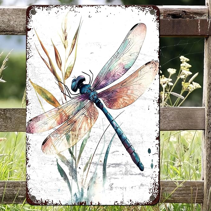 Dragonfly Garden Decor Watercolor Dragonfly Metal Tin Sign Vintage Wall Art for Home Decor Patio Garden Outdoor & Indoor Nature Inspired 8x12inch