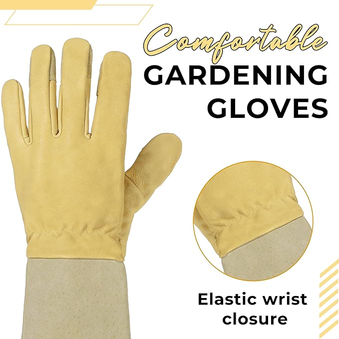 HANDLANDY Rose Pruning Gardening Gloves for Men Women, Thorn Proof Forearm Protection Leather Garden Gloves, Gardening Gifts for Gardeners (Vanilla, Small)