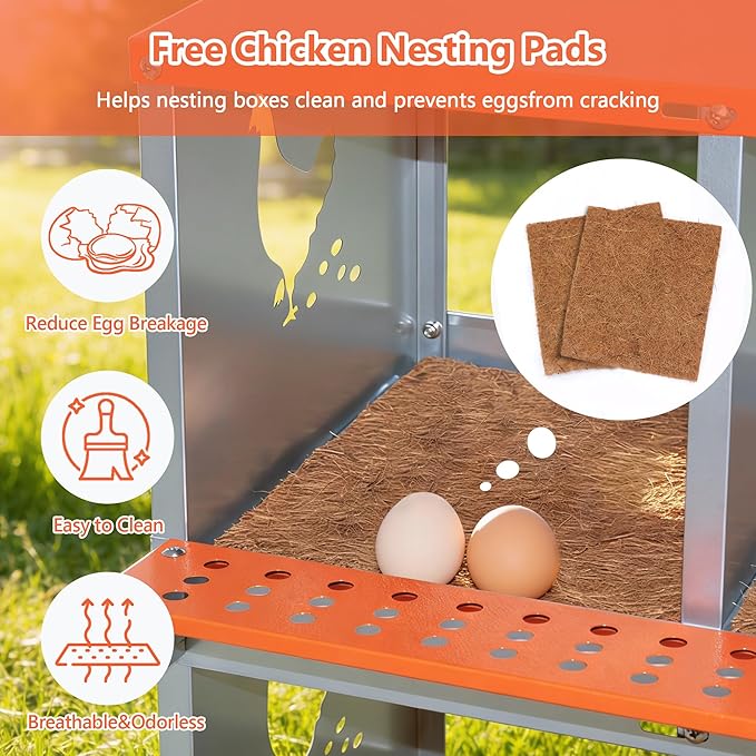 Chicken Nesting Boxes 8 Hole Roll Away Nesting Boxes with Vented Holes & Soft Nesting Pads Wall Mountable Laying Boxes for Hens Easy Egg Collection for Chicken Coop, Backyard, Farms, Orange