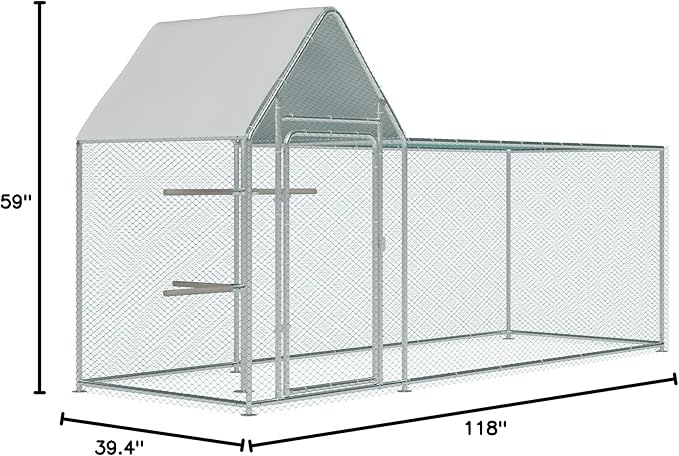 Large Metal Chicken Coop Run, Outdoor Walk-in Poultry Cage with Spire Roof, for Hen House, Duck Coop and Rabbit Run, Silver (9.8' L x 3.28' W x 4.92' H)