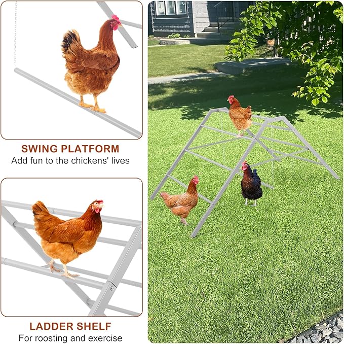 BTY Chicken Perch Metal Chicken Roosting Bar with Swing Chicken Roosting Ladder for Coop, Backyard Poultry, Farm, Fit for 10-12 Chickens, Grey