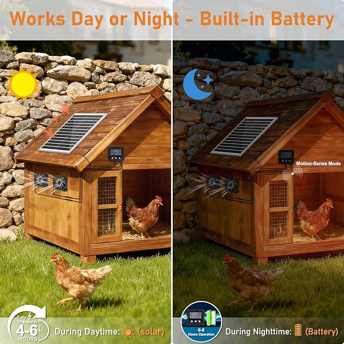 25W Solar Exhaust Fan with Battery, Solar Powered Fan for Shed & Greenhouse, 3 Modes Controller (Continuous/Timer/Motion Sensor), For Intake or Exhaust Vent Cooling for Chicken Coop, Dog House
