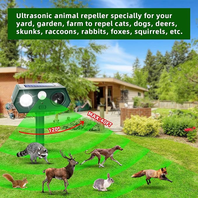 2026 Sonic Fortress Pro Deer Repellent Devices, Racoon Repellent Outdoor Squirrel Fortress Pro IP65 Animal Repeller Cat Deterrent with Motion Sensor&Flash Light to Scare Dog Out of Garden Yard(2Pack)