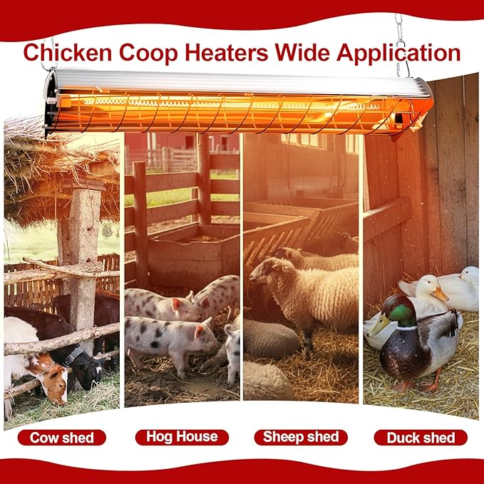 Retisee 400w Large Hanging Chicken Coop Heater Lamp Carbon Fiber Chicks Brooder Heater 5pcs Chick Feeder and Waterer Kit with Wooden Perch for Poultry Chicks Ducks Quail Pigeons Birds