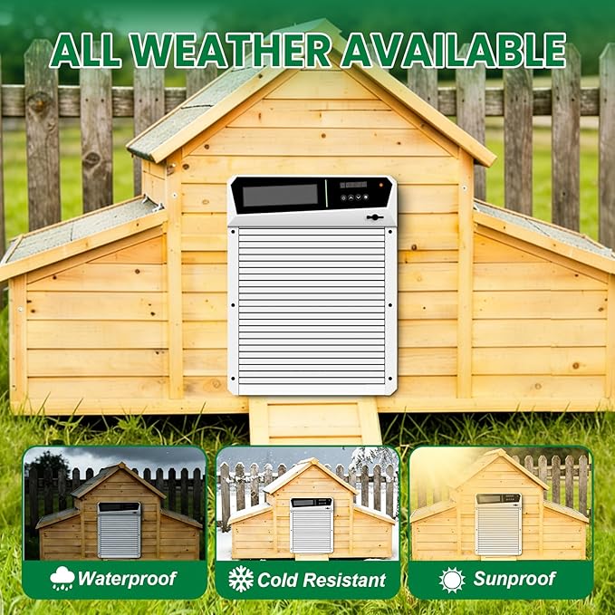 Solar Automatic Chicken Coop Door with Built-in Solar Power & Battery Backup and Timer & Manual Control， Anti-Pinch Safety System, Large LCD Display, Weatherproof Aluminum Auto Chicken Coop Door