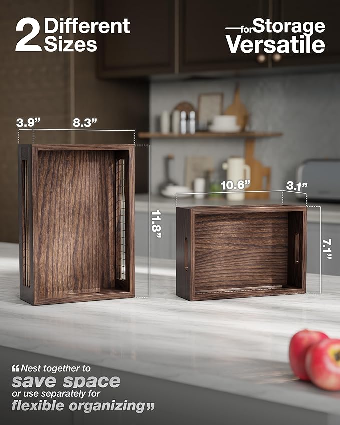 Wooden Countertop Baskets Set of 2 for Kitchen, Pantry|Wall Mount Upgrade with Full Accessories| Rustic Nesting Boxes|Wooden Organizer Crates for Vegetables, Produce, Bread