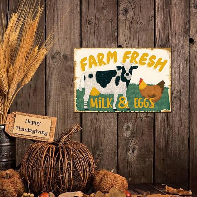 Vintage Metal Sign Farm Fresh Tin Sign Cow Chicken Milk and Eggs Rustic Decor Funny Metal Wall Art Painting Home Kitchen Farmhouse Ranch Zoo Cave Wall Decor Retro Decoration 12x8 Inch