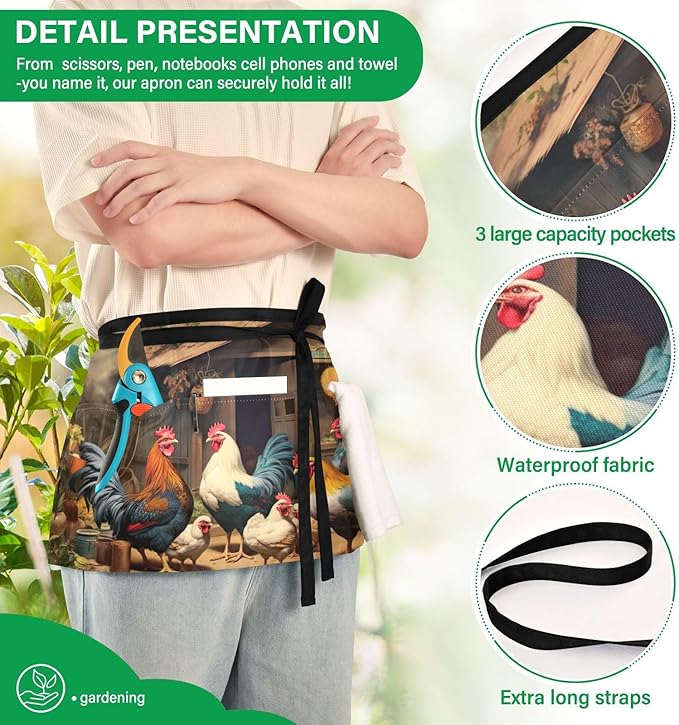 Waist Apron with 3 Pockets, Server Apron for Women and Men, Half Aprons for Waitresses & Gardening, Waterproof and Stain Resistant (Farm Chicken House)