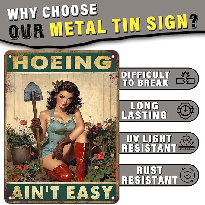 PEACHGARDEN Hoeing Ain't Easy Vintage Garden Signs for Outside Retro Rustic Aluminum Tin Poster Funny Gardening Gift for Women Outdoor Wall Art Decor for Plant & Gardening Lovers 12x16inch