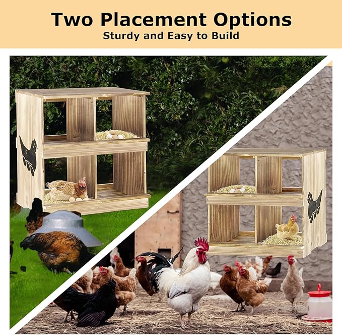 Nesting Boxes for Chickens - Wooden Chicken Nesting Box for Chicken Coop Accessories, Sturdy 4-Compartment Wall Mount Egg Laying Box for Hens, Chickens, and Ducks(Lightly Charred)