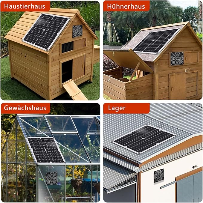 Solar Fan, 12W Weatherproof Solar Panel with DC Fan for Small Chicken Coops, Greenhouses, Sheds, Pet Houses, Intake or Exhaust air
