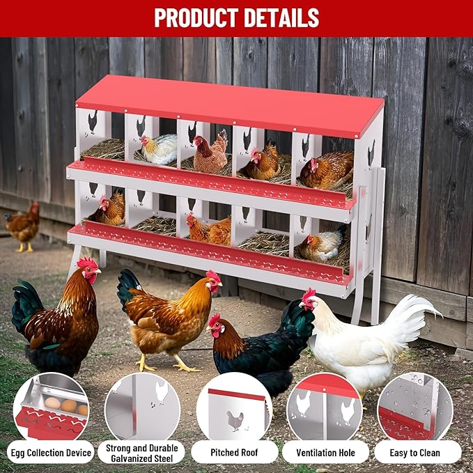 10-Compartment Metal Chicken Nesting Box - with Perch, Secure Lid & Metal Legs, Wall-Mount or Free-Standing Nesting Boxes for Hens