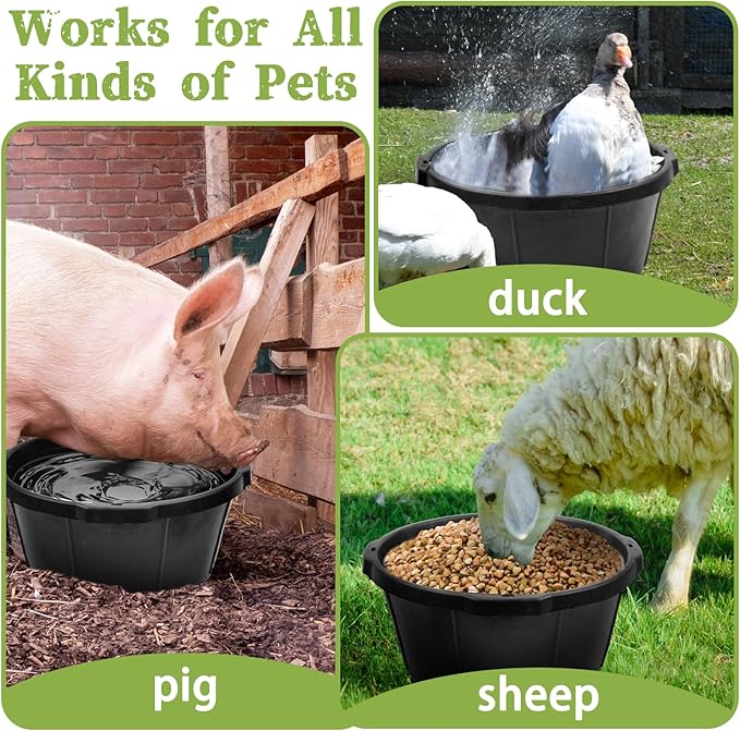 3Pcs Heavy Duty Rubber Feed Pan, 26 Quart/ 6.5 Gallon Rubber Tub Horse Feed Bucket, Durable Livestock Feeder Pan Dog Bowl Chicken Dust Bath Tub for Dogs Pig Goat Chicken Duck Farm Animal Feeding