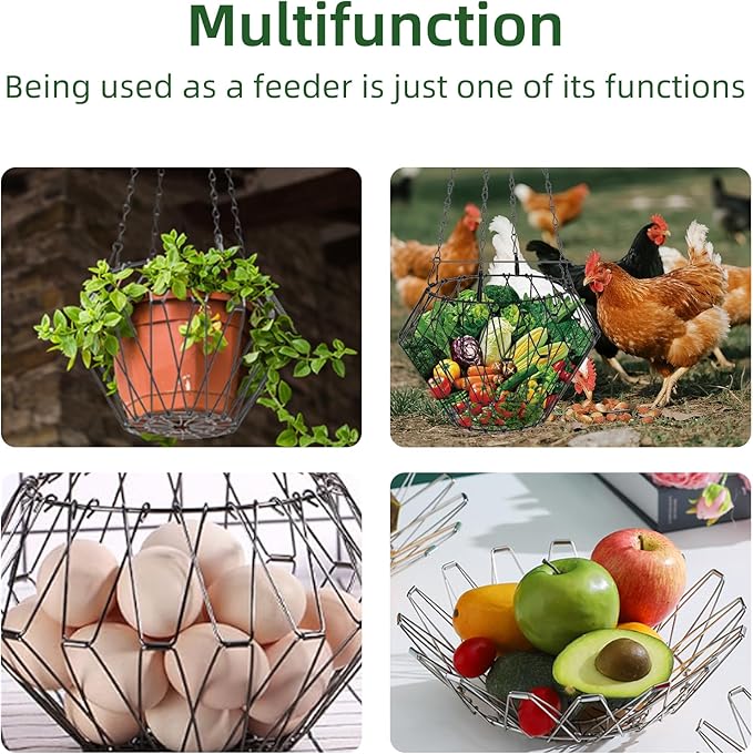 2 PCS Hanging Chicken Feeder Foldable Poultry Vegetable & Fruit Feeder Basket with Adjustable Chain, Durable Iron Wire Chicken Toys for Coop 2 Pack M