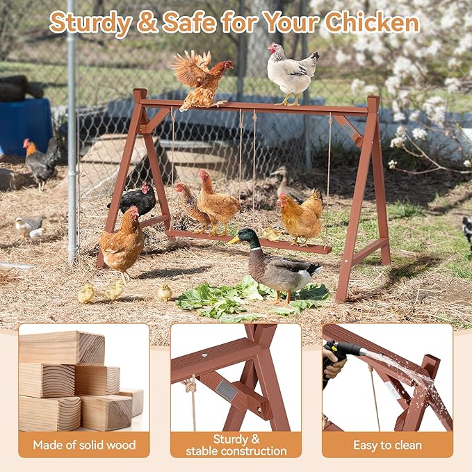 PETSFIT Wooden Solid Chicken Perch & Roosting Bars with 2 Swings, 50"x30"x34" Coop Toy for 6–8 Hens, Multi-Level Stand Encourages Exercise & Natural Behavior, Easy to Assemble & Clean,Outdoor Use