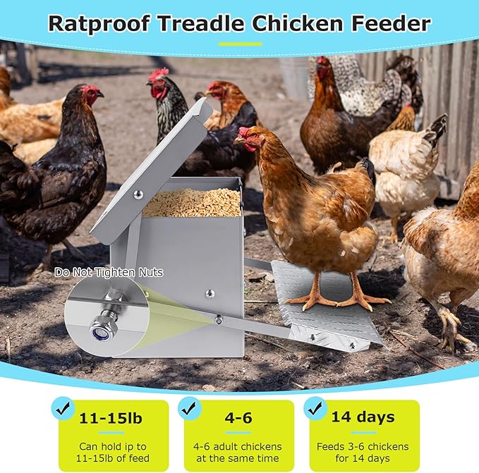 Automatic Chicken Feeder Treadle Large Poultry Feeders No Waste Stainless Steel Rat Proof Chicken Feeder Trough with Weatherproof Lid Treadle Chicken Feeder Self-Opening for Duck Fowl
