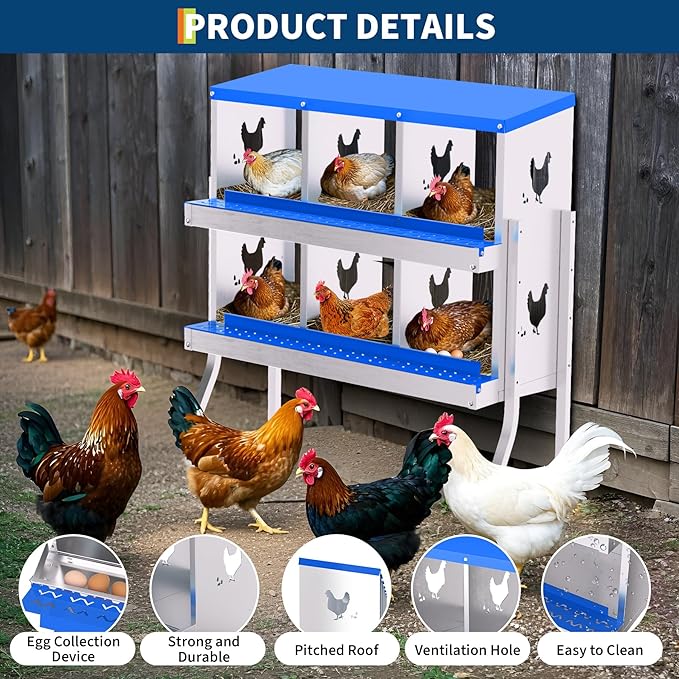6-Hole Galvanized Chicken Nesting Box, Roll Away Egg Collection, Rustproof Hen Laying Boxes with Legs, Ventilated & Easy Install, Premium Poultry Nest for Chicken Coop/Duck House + Fake Training Eggs