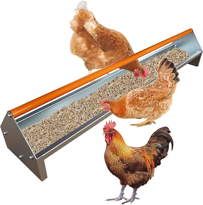 Chicken Feeding Trough 45 Inch, Heavy Duty Galvanized Steel Coop Feeder with Crossbar & Drainage Holes, Large Capacity Metal Poultry Trough Feeder for Ducks, Birds Orange