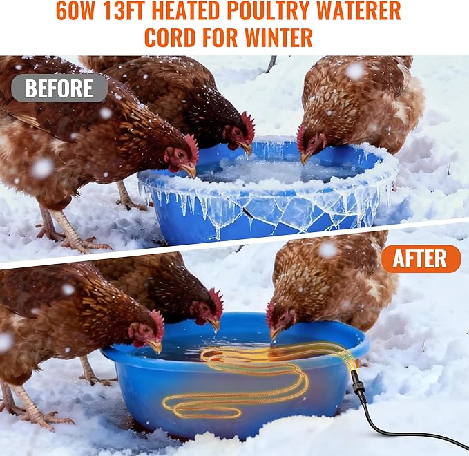 Chicken Water Heater, 60W 13FT Heated Poultry Waterer Cord for Winter, Freeze Proof Heated Waterer for Chicken Duck Geese, Stainless Steel Bird Bath Water Heater for Outdoor Buckets & Troughs
