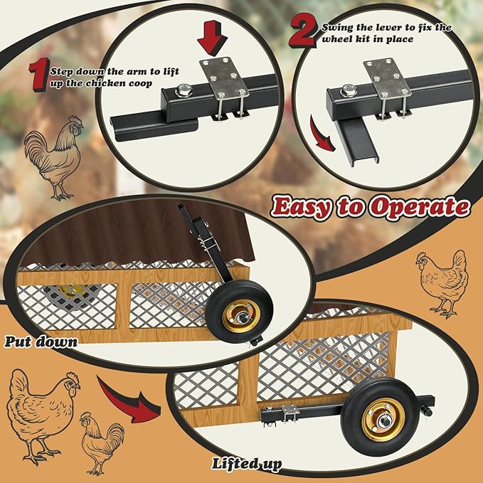 TOPOWN Chicken Tractor Wheels Lift Kit Set of 2, Heavy Duty Chicken Coop Wheel Lift Kit, Chicken Run Wheel System Weatherproof, Enhancement of Safety and Durability