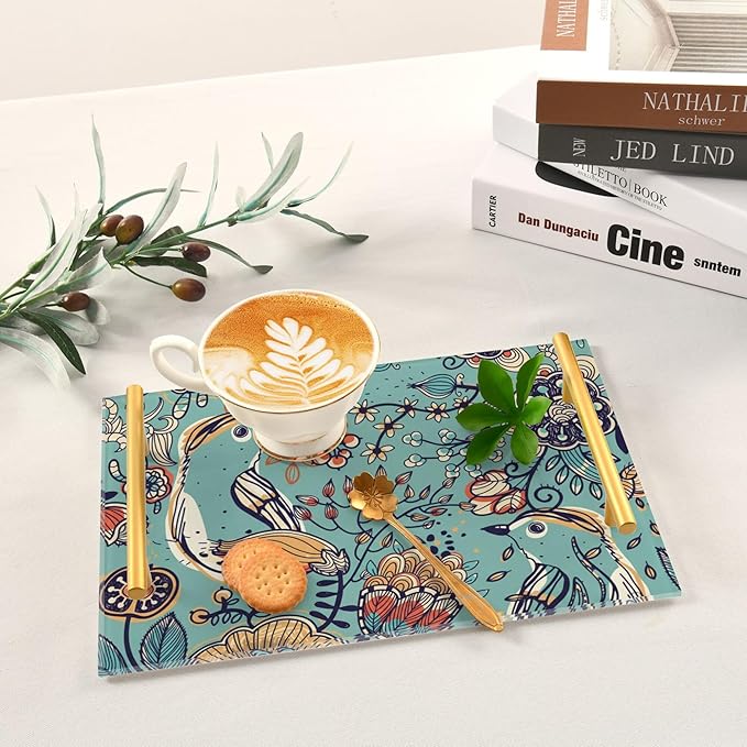 Bathroom Vanity Tray Counter Organizer, Floral and Bird Pattern Turquoise Decorative Tray with Handles Countertop Storage for Bathroom Bedroom Kitchen Home Farmhouse