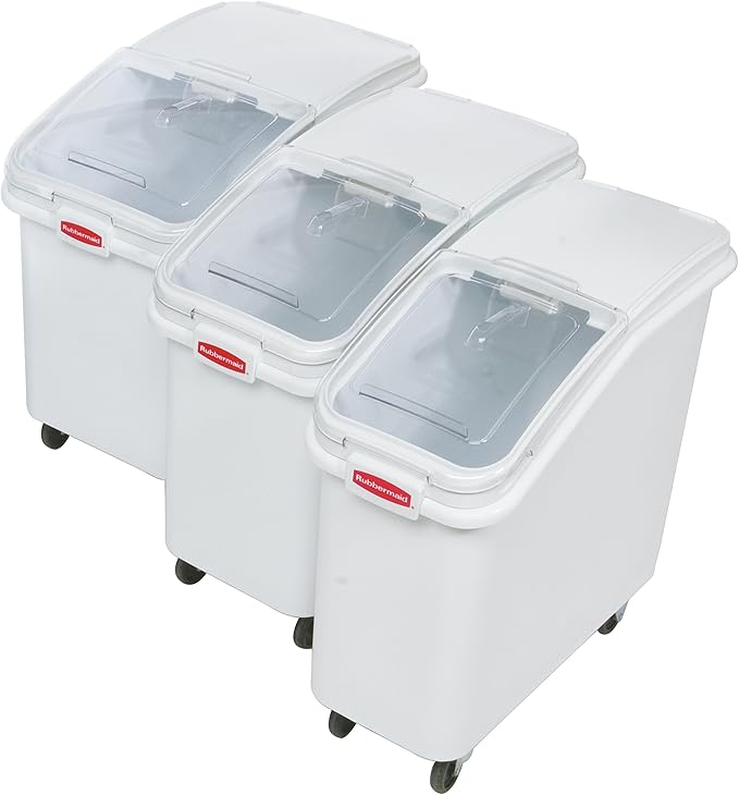 Rubbermaid Commercial Products ProSave Shelf-Storage Ingredient Bin With Scoop 500-Cup capacity Plastic White Sliding Lid Container with Wheels for Kitchen/Restaurant Food Organization