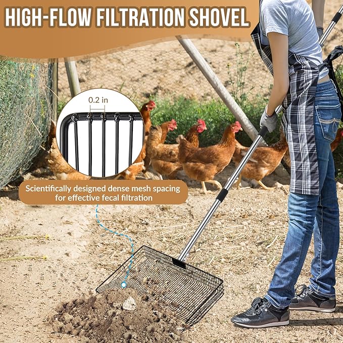 SlowTon Chicken Poop Scooper 15" Wide - Stainless Steel Chicken Coop Scoop Heavy Duty with 40 to 77" Long Handle for No Bending Work, Chicken Coop Litter Cleaning Tool Sand Sifting Shovel