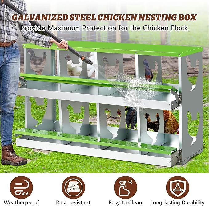 Chicken Nesting Box,Heavy Duty Metal Nest Boxes,8 Hole Roll Away Nesting Boxes,with Large Vented Holes,Wall-Mountable Chicken Coop Nesting Boxes,for Chickens,Ducks,Large Egg Boxes (Green 8 Hole)