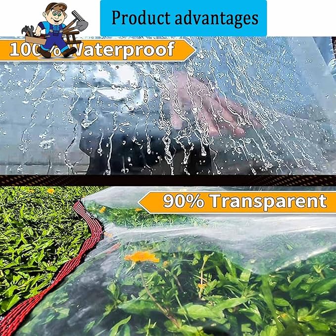 20x20 FT Heavy Duty Clear Waterproof Tarps,Clear Vinyl Tarp with Grommets and Reinforced Edges, Resistant PVC Transparent Waterproof Tarpaulin for Covering Henhouse Porch Canopy Plant Camping