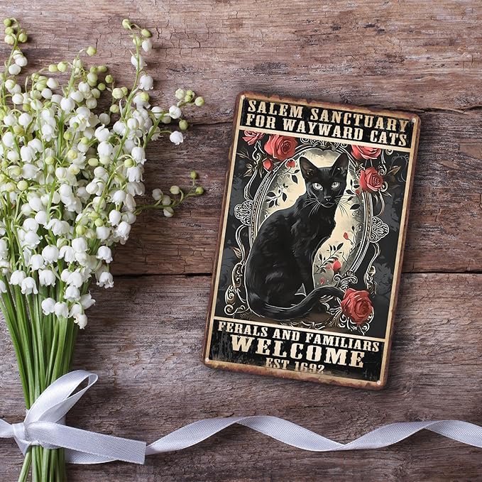 Sanwarm Metal Sign 8X12 Inch, Witch Black Cat Sanctuary Wayward Salem Vintage Tin Sign Wall Art Decor for Home, Living Room, Kitchen, Garden, Bedroom, Office, Hotel, Cafe And Pub Decoration