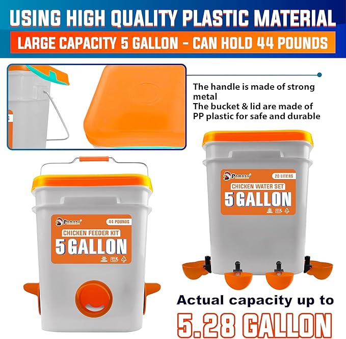 5-Gallon/44 Pounds Automatic Chicken Feeder & Waterer Set(2 Buckets), Chicken Feeder Port & Water Cup No Waste, Rain Proof Poultry Feeder, Avoid Small Animals Suitable for Chicken, Duck, Turkey