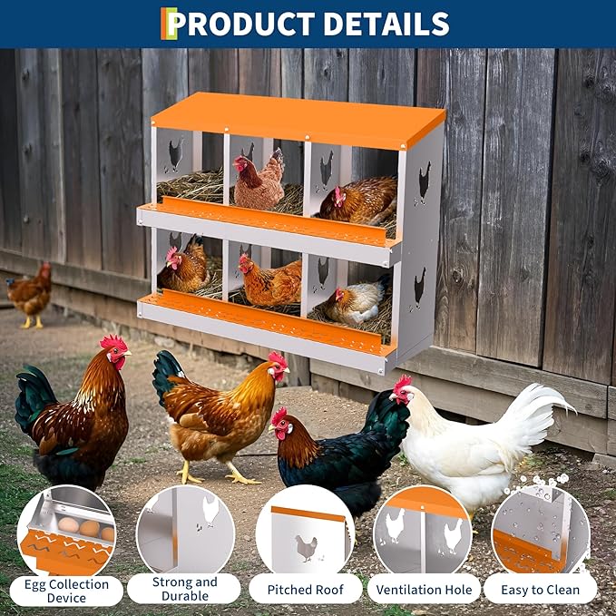 Chicken Nesting Box with Removable Tray, 6 Compartment Nesting Boxes for Chickens, Easy to Clean and Install, Durable Chicken Laying Boxes for Chicken Coop, Protects Eggs(Orange)