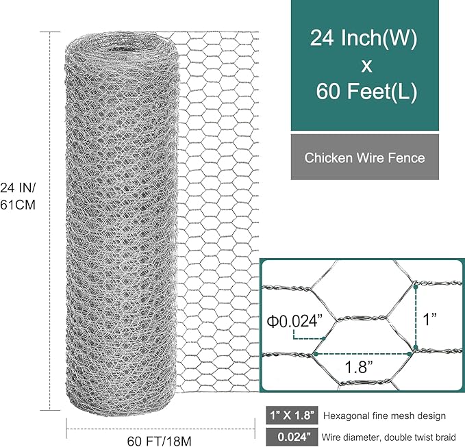 Chicken Wire Fencing, 24 Inch x 60 Feet Chicken Wire Mesh Roll for Garden Plants, 1 Inch Mesh Hexagonal Galvanized Metal Poultry Wire Netting for Chicken Coop Rabbit Dogs Barrier
