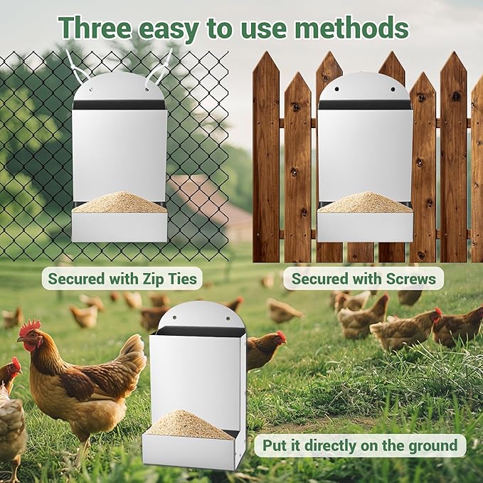 Chicken Feeder,Wall Mounted Galvanized Steel Automatic Chicken Food Dispenser,Hanging Poultry Feeder Outdoor Animal Food Container for Cages,Bunny Chicken Guinea Pig Small Animal,Coop Accessories