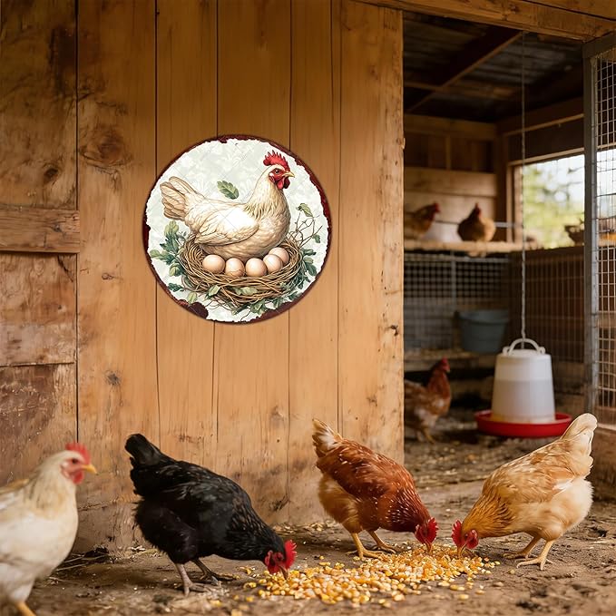 Chicken Coop Hen Round Metal Tin Sign Chicken Wreath Wall Decor Kitchen Farmhouse Outdoor Wall Art for Home Garden Kitchen Farmhouse Decoration Poster 12 Inch